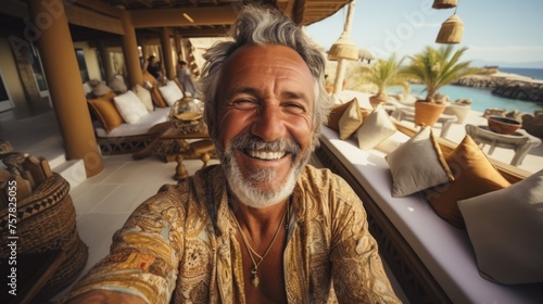 Elderly Man's Selfie with Seaside Backdrop photo