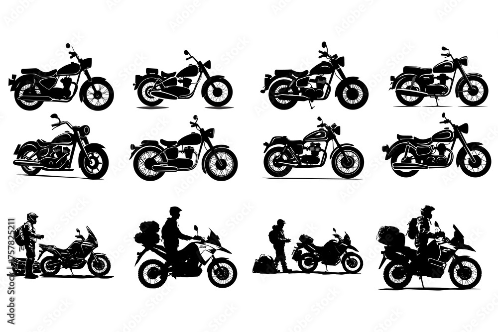 Obraz premium Motorcycle Bike Silhouette Bundle Set, motorcycle silhouette clip art, motorbike silhouette vector,