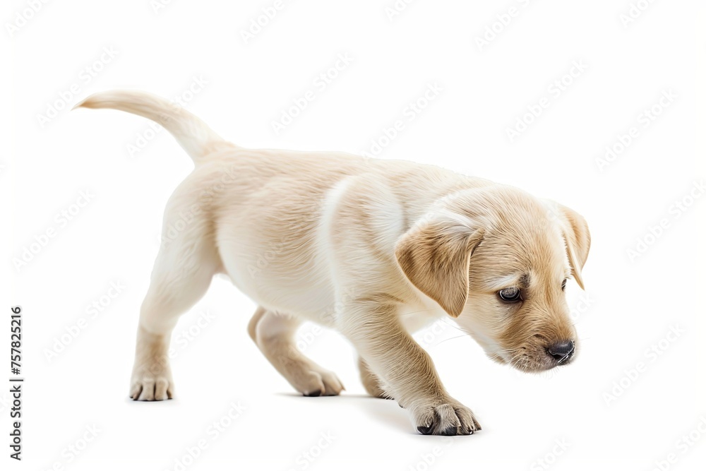 Labrador puppy playing. moves. isolated on white background. generative ai