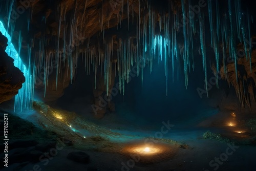 A fascinating cave entrance, with sparkling crystals and stalactites.