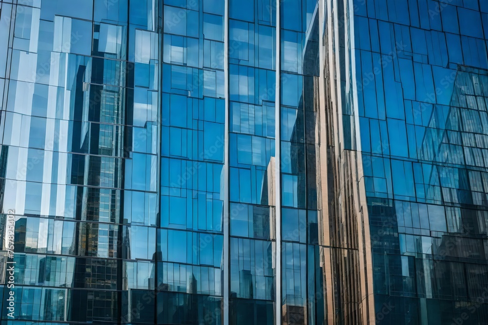 Obraz premium A city skyline reflected in a modern building's glass facade. 