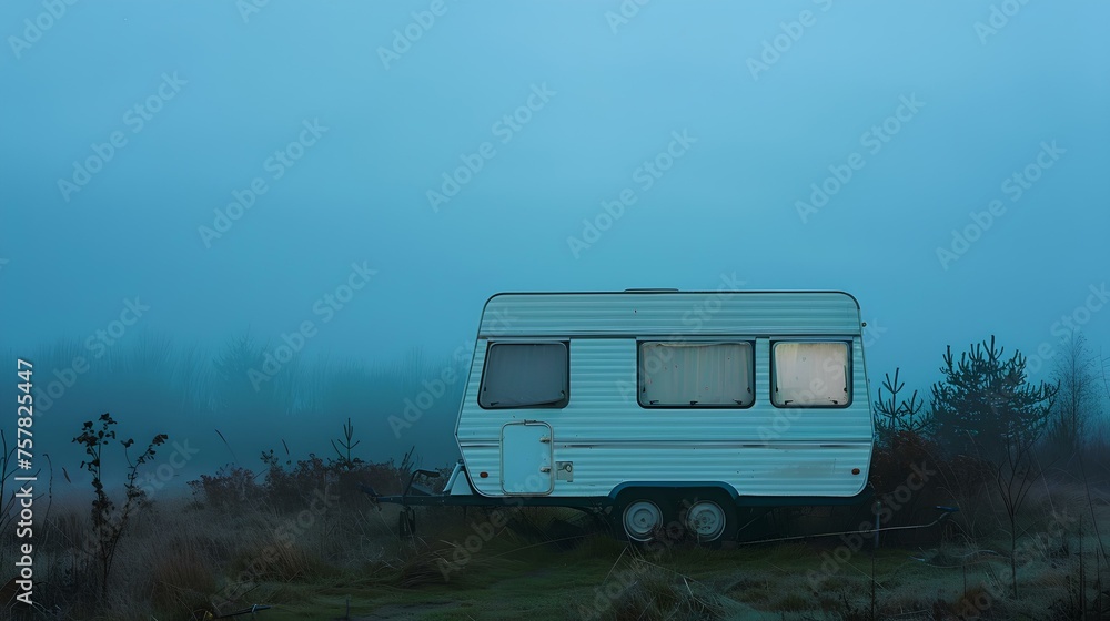 Solitary caravan in misty field at dusk. calm and mysterious camping scene. simple travel lifestyle concept. vintage styled outdoor adventure. AI