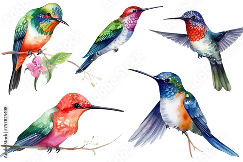 Set tropical hummingbirds illustration background white bird isolated beautiful watercolor