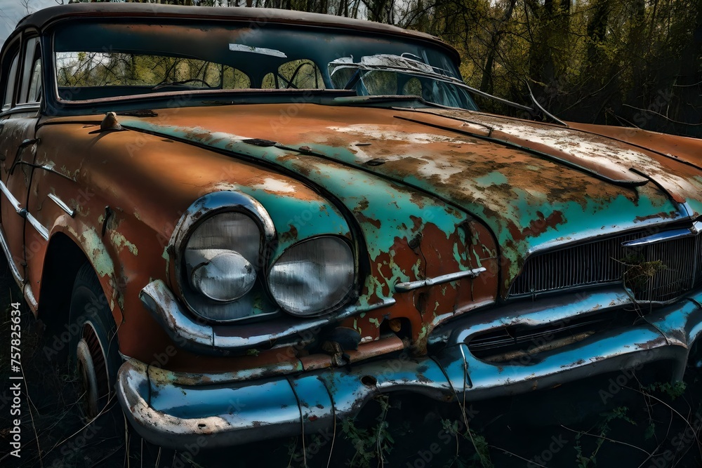 A close-up of peeling paint on an abandoned vintage vehicle.