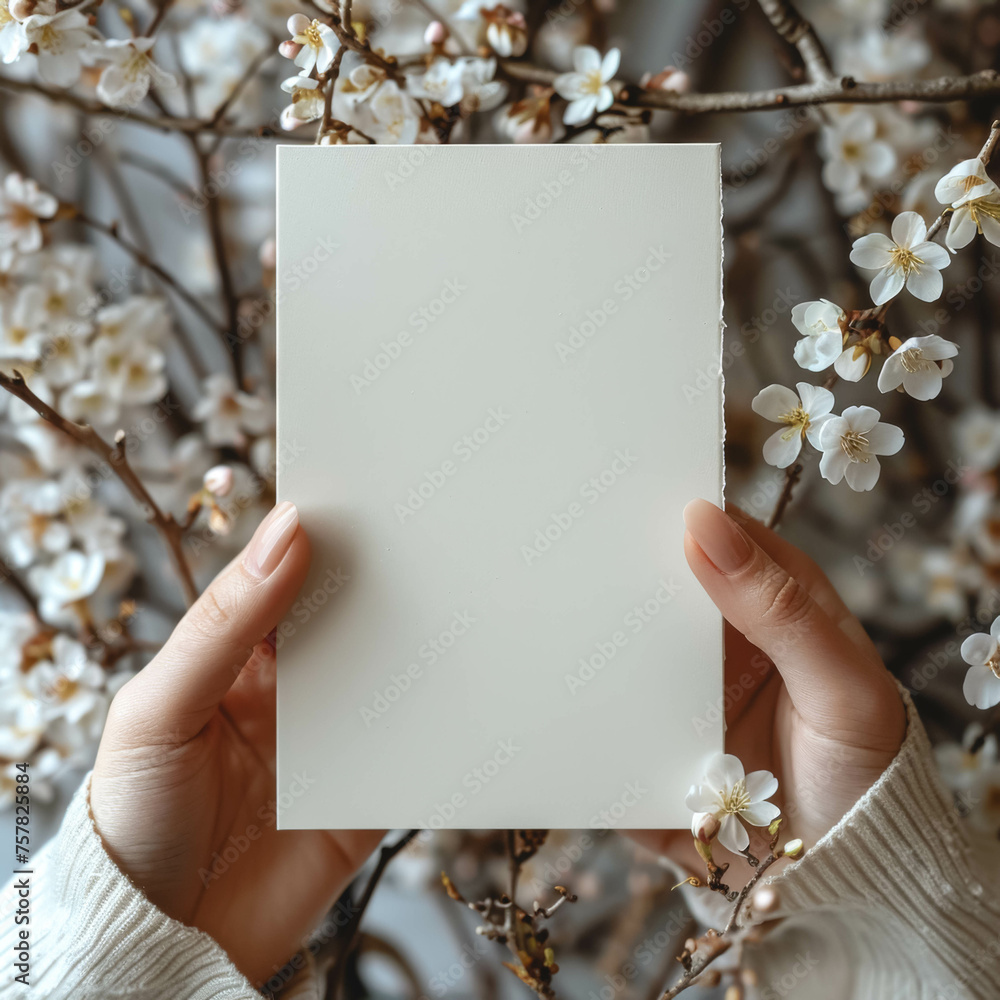 A blank sheet of paper in female hands against a background of spring trees. A blank sheet of paper in female hands against a background of spring trees.