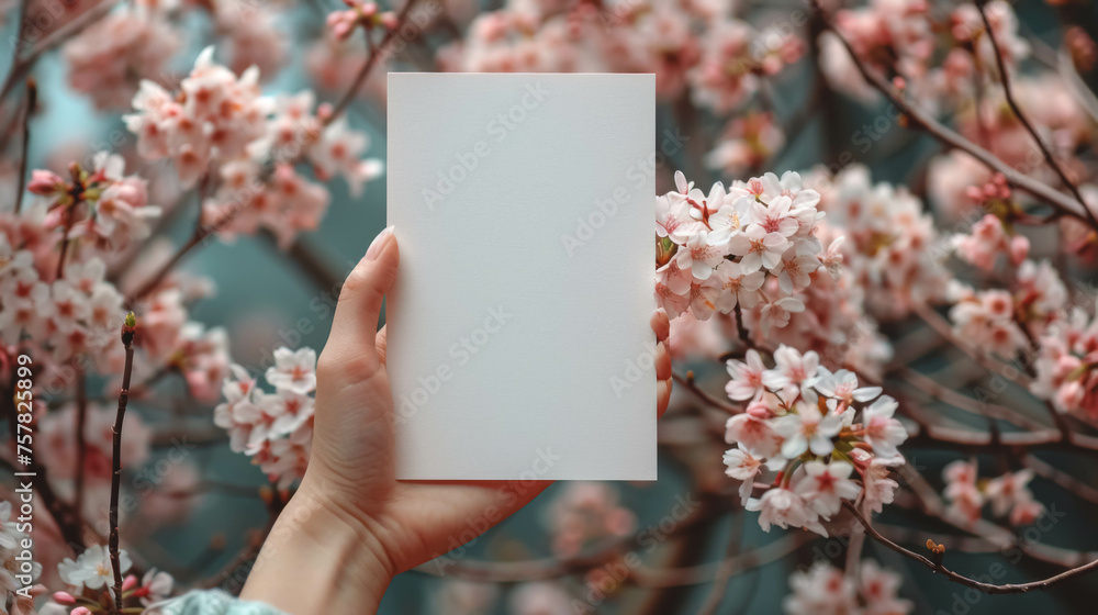 A blank sheet of paper in female hands against a background of spring trees. A blank sheet of paper in female hands against a background of spring trees.