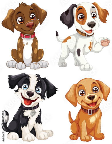 Four cute animated dogs showing various expressions.