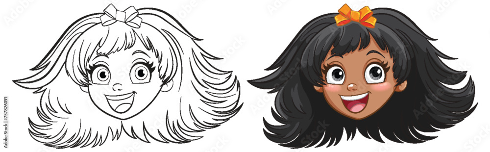Two happy animated girls with expressive faces Two happy animated girls with expressive faces