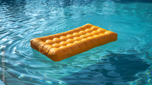 Yellow air mattress in a pool with blue water.