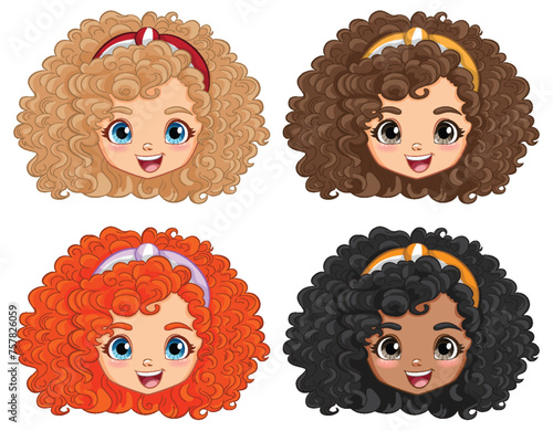 Four cartoon girls with different curly hairstyles.