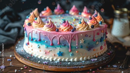 A bright colored birthday cake decorated with little stars.