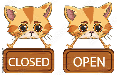 Adorable cartoon cat holding signs indicating status.
