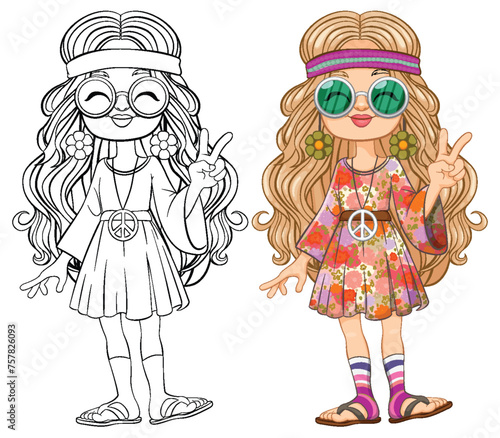 Two girls in colorful hippie attire showing peace signs.