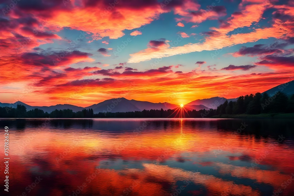 A breathtaking sunset over a peaceful lake, reflecting the brilliant colors of the sky. 