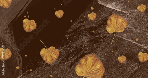 Image of brown autumn leaves falling over moving organic brown pattern