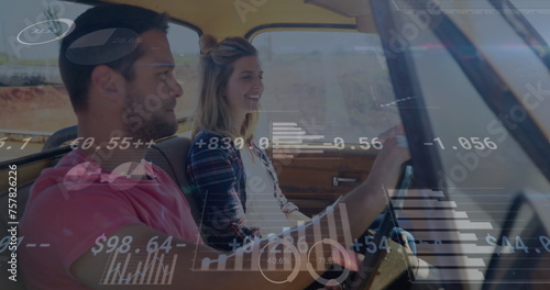Image of digital data processing over two caucasian people in car