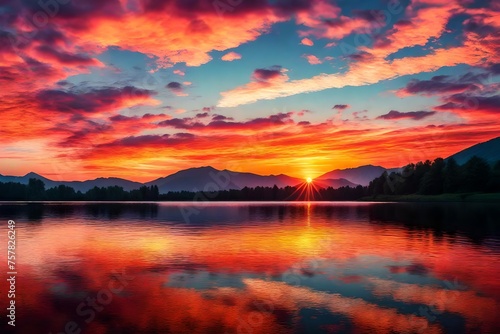 A breathtaking sunset over a peaceful lake  reflecting the brilliant colors of the sky. 