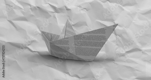 Image of paper boat over moving scrunched white paper texture background