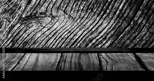 Image of wooden boards and changing wood grain pattern, black and white