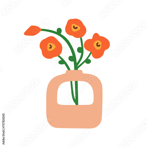 Spring flowers in modern trendy vase with hole. Summer wildflowers, field blo...