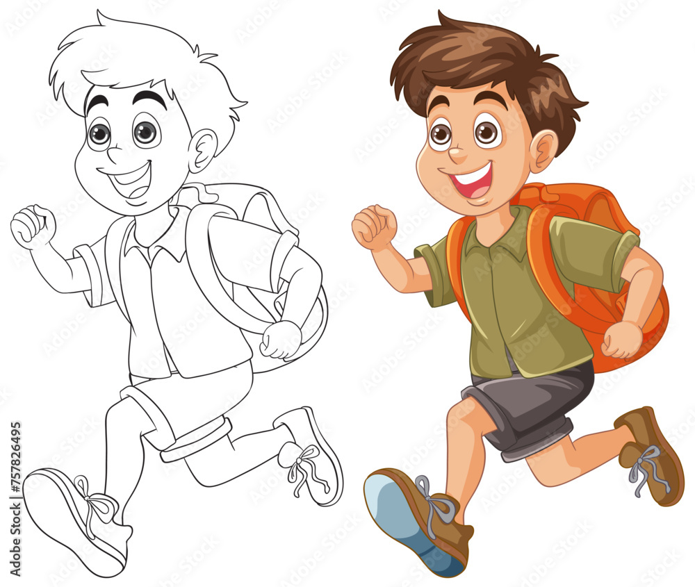 Cartoon boy running with a cheerful expression. Cartoon boy running with a cheerful expression.