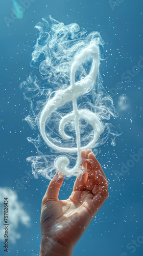 Treble clef made of clouds against the sky in a female hand.