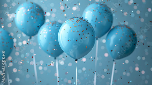 Blue balloons on a blurred shiny blue background.