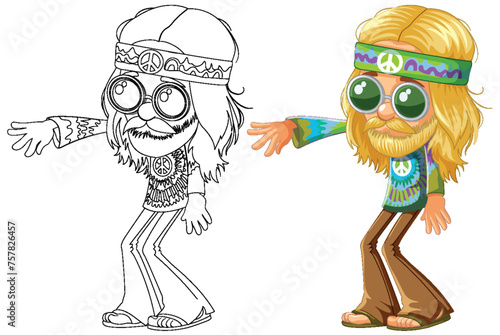 Colorful and outlined hippie character vector art.