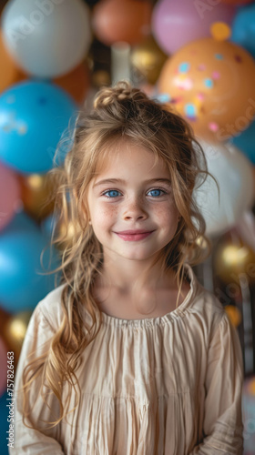 Portrait of a cute little girl on a blurred background with balloons.