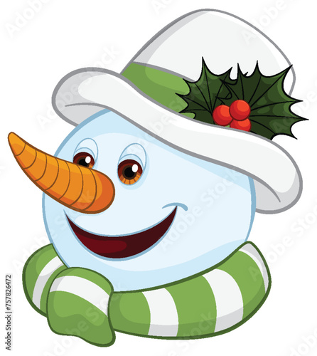 Smiling snowman with hat and scarf illustration.