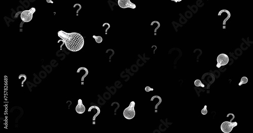 Image of light bulb icons and question marks on black background