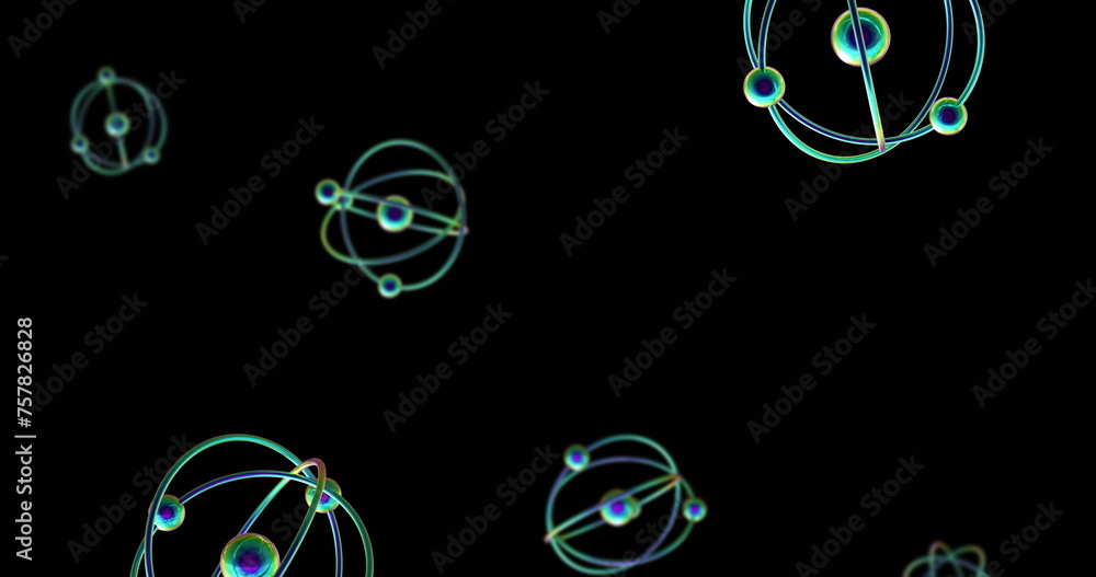 Image of atom models spinning on black background Image of atom models spinning on black background