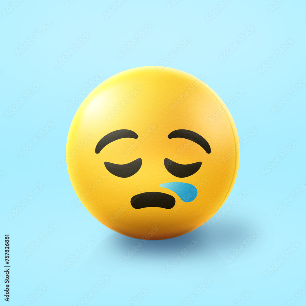 Fototapeta premium Sleepy Emoji stress ball on shiny floor. 3D emoticon isolated.