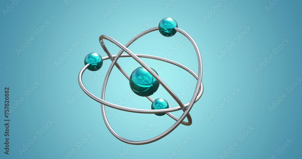 Image of atom model spinning on blue background Image of atom model spinning on blue background