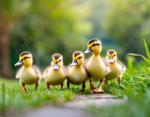 A cute group of ducklings waddling in a row and showcasing their adorable quirkiness © Craitza