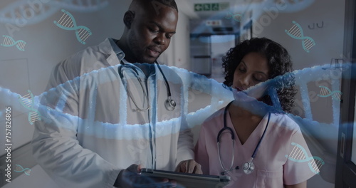 Image of dna and data processing over diverse doctors in hospital