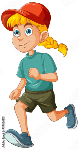 Cartoon girl jogging happily in casual attire.