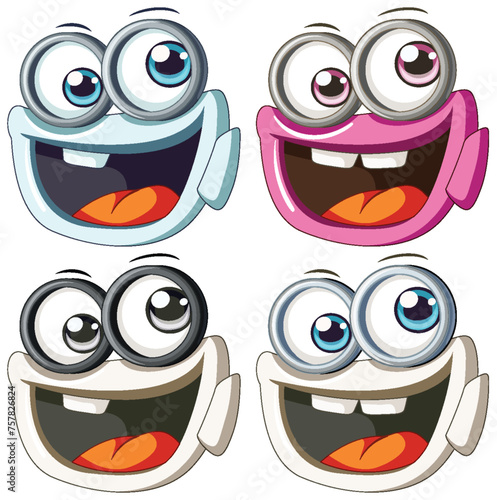 Four cheerful cartoon faces with big eyes