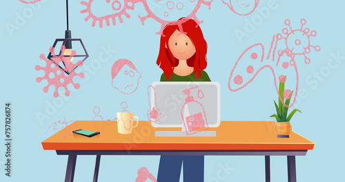 A woman is working at a desk with virus illustrations around her