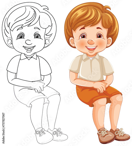 Illustration of a cheerful boy sitting, colored and outlined.