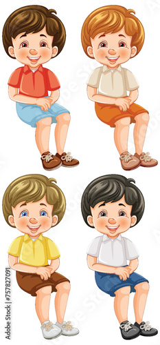 Four cheerful animated boys sitting and smiling.