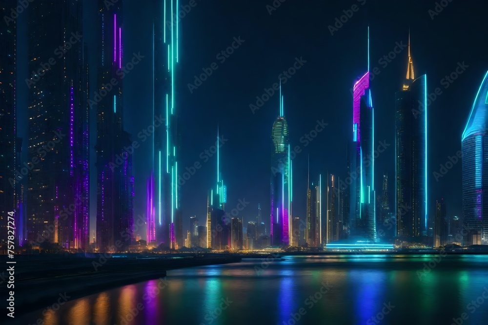 At night, the futuristic metropolis skyline is lighted by neon lights and glowing buildings. 