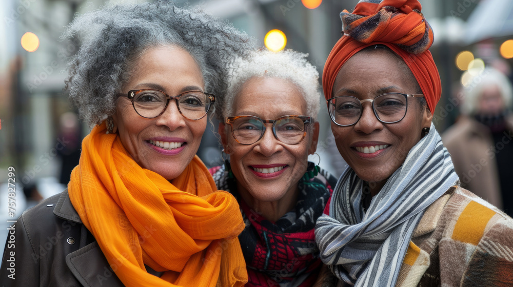 Three women with glasses and hats are standing together. enjoying each other's company. women ages between 40- 60 of different nationalities spending time together. elegant background of a major city
