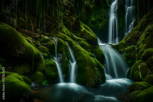 A mystical waterfall tumbling down a moss-covered rock wall in a secret sanctuary.