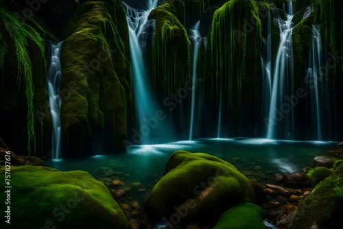 A magical waterfall cascading down a moss-covered rock wall in a hidden oasis