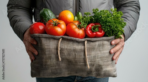 Man holding a reusable grocery bag full of fresh vegetables. eco-friendly shopping concept promoting health and sustainability. perfect for lifestyle and food-related content. AI