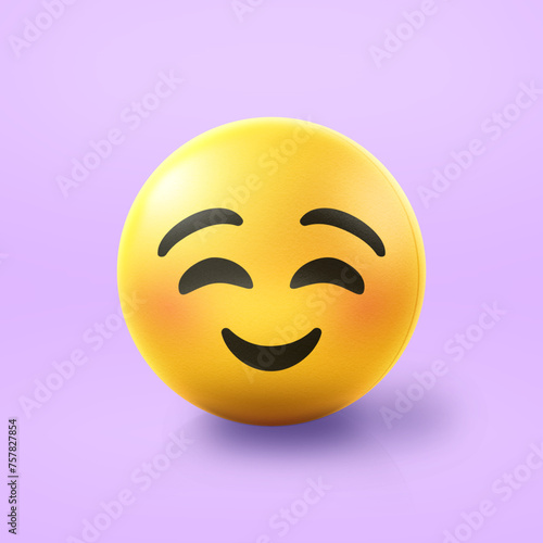 Happy smiling Emoji stress ball on shiny floor. 3D emoticon isolated.