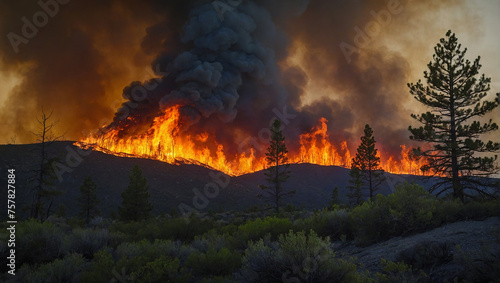 An out of control wildfire burns through a forest.