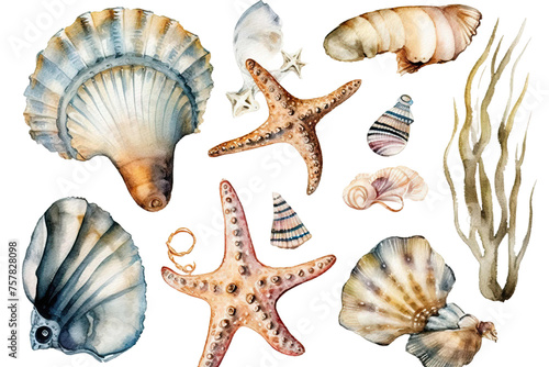 seahorse Seashells white beach set isolated Travel Watercolor Hand drawing design shells other background marine starfish scenery