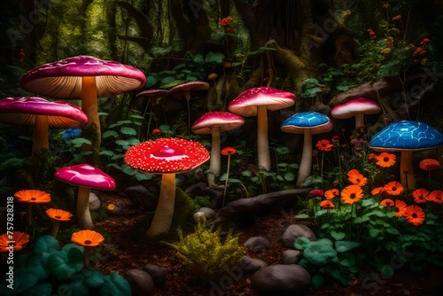 A whimsical garden with oversized mushrooms and vibrant flowers